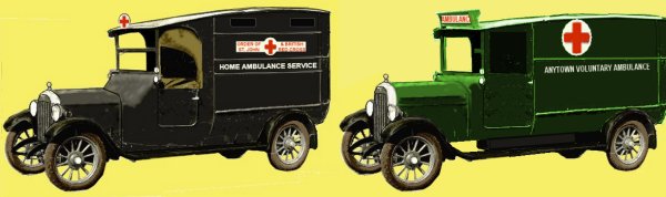 National Ambulance Service vehicle showing typical markings of the 1920s and an ambulance operated by a local council