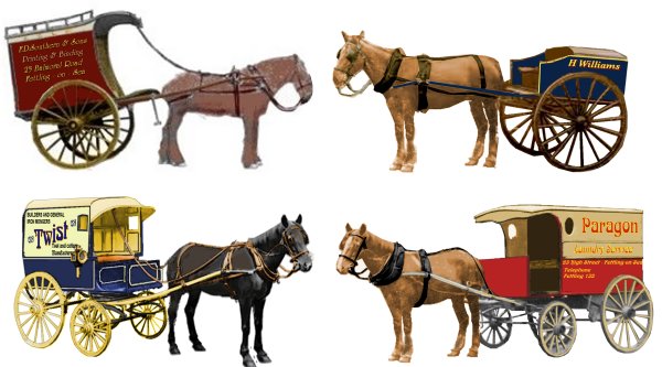 Traders horse drawn delivery vehicles