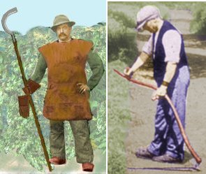 Man with hedging tool and sack smock and man using a scythe to clear a grass verge