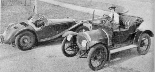 Late 1930s Riley ad showing a car from 1910 (front right) and one from 1935 (rear)