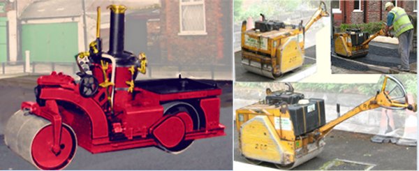 Early steam 'tandem' roller and modern hand-operated roller