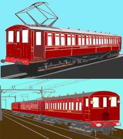 Sketch of an Lancaster-Morecombe-Heysham motor coach unit and three-coach unit in service c1910