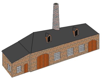 Sketch showing Glass works building with roof mounted chimney