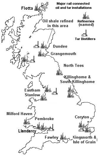 Sketch map showing major rail connected oil installations in mainland Britain