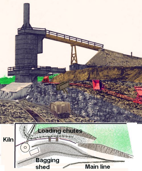 Sketch showing a quarry with a large vertical type lime kiln