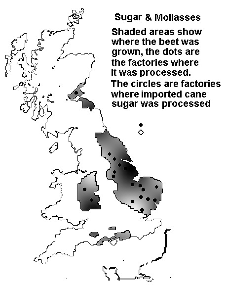 Map showning sugar beet growing areas and the associated processing plants