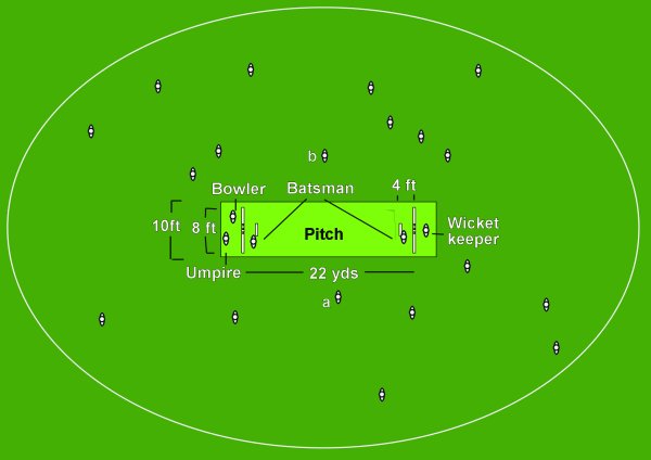 Cricket field showing possible positions of fielders