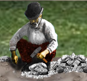 Old man breaking stones to repair a macadamised road