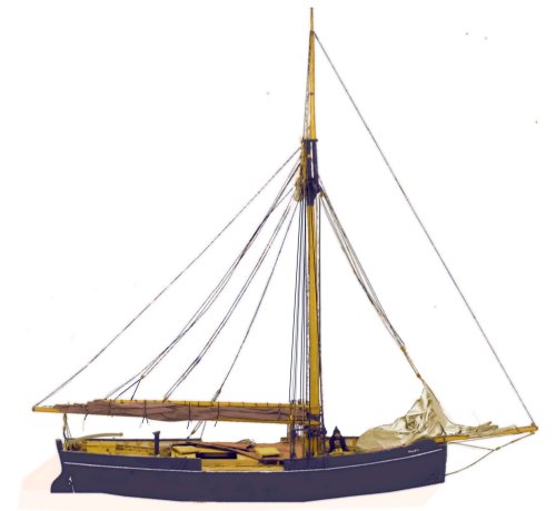 Sketch of a small sailing fishing boat with furled sails