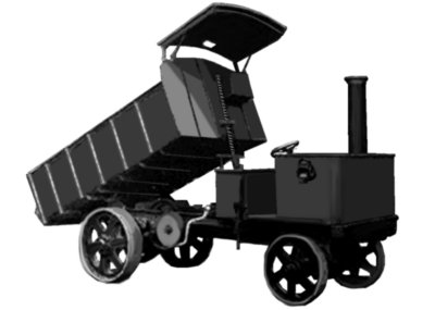 Sketch of a steam tipper lorry with its body raised using a threaded bar system