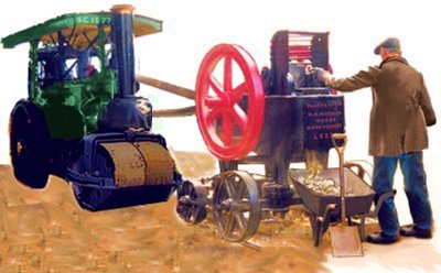 Steam roller driving a stone crusher