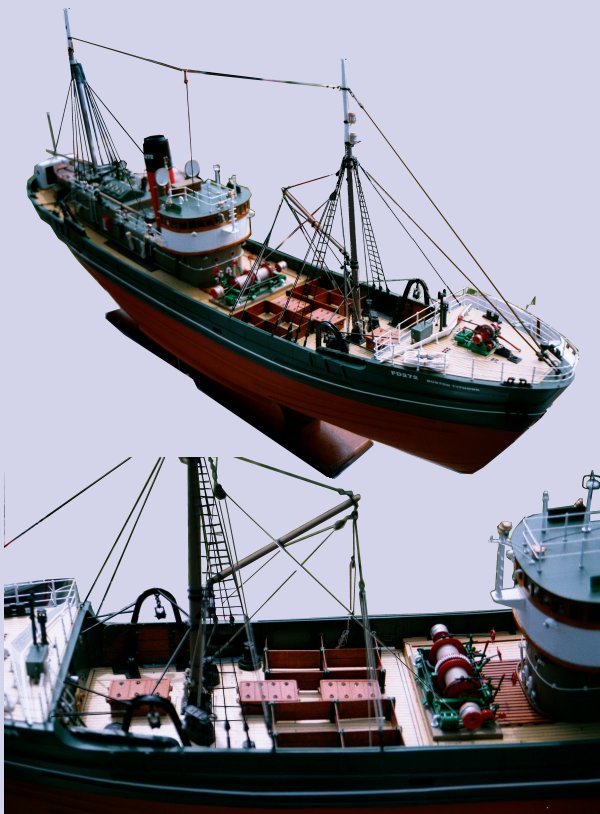 Photo of a model steam trawler showing deck fittingsr
