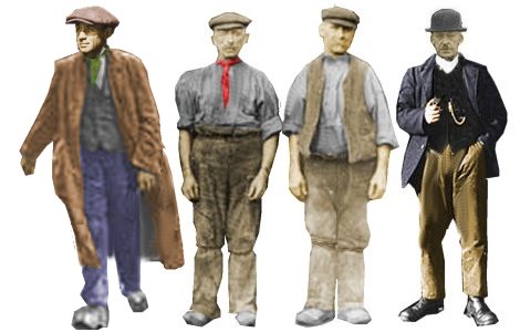 Sketch showing examples of typical mens working clothing 1860s to the 1940s