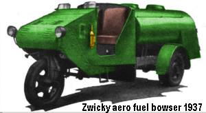 Sketch of a three wheeled 1937 Zwicky refueling truck or bowser