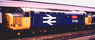 Photo of a Class 37 in blue livery with yellow ends and cab sides