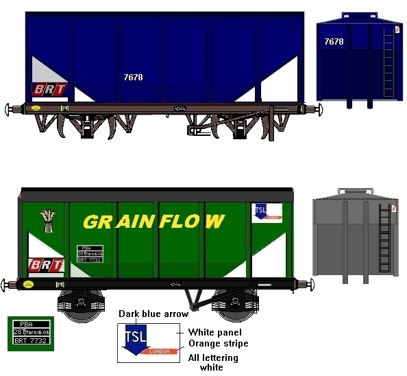Original and later Grainflow liveries for the Peco grano wagon