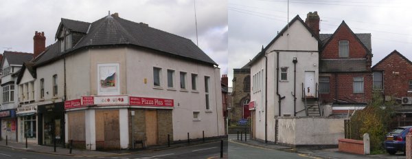 Photo showing Front and rear views of a row of shops