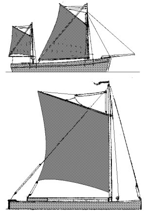 Sketch showing Tamar Barge & Norfolk Wherry with sails set