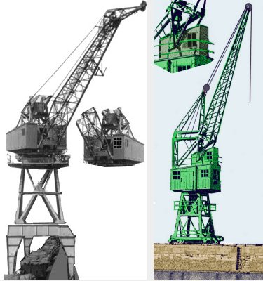 Sketch showing Electric dock crane with offset cab and horses head and one using a hing mounted above the cab