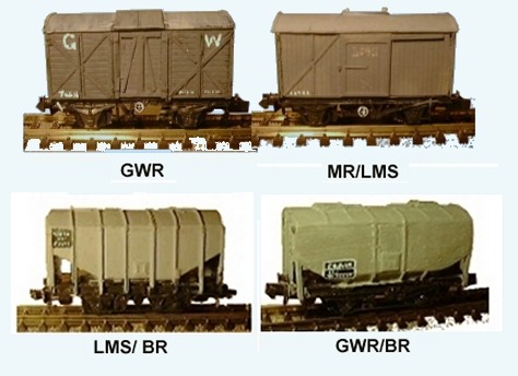 Photo showing models of GWR one-off, early MR/LMS and later LMS/BR and GWR/BR steel Grain Vans