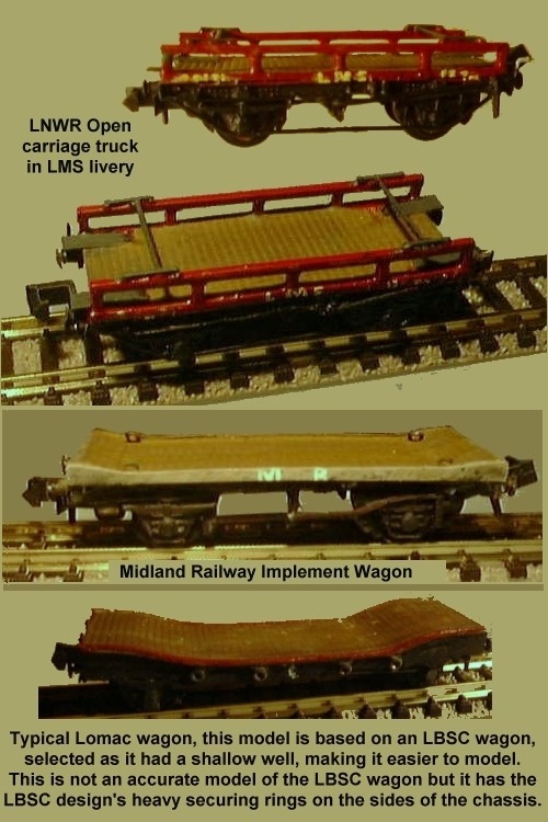 Models of LNWR carriage truck, MR and NER implement wagons