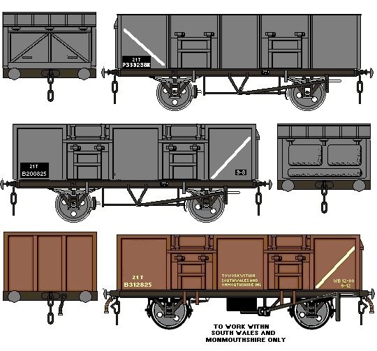 Sketches of BR 21 ton mineral wagons showing liveries