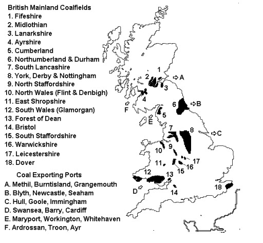 Map showing all British coal fields and coal exporting ports