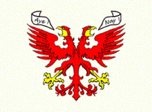 Image showing the Grand Fenbwick flag, a two headed eagle type bird with each beak holding a small ribbon, one marked yea the other Nay