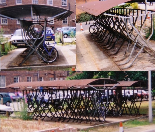 photo showing typical metal framed bike shed in use in 2000.