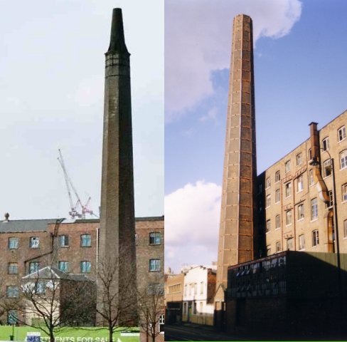 Chimney with metal extension and another with an iron reinforcing frame.