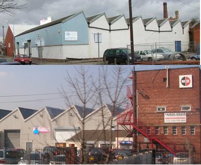 Photo showing post war factory buildings with North Light roof style