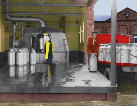 Sketch showing a milk receiving bay for a country creamery based on a photo taken in about 1950
